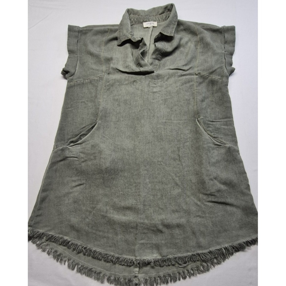 Umgee camo green v-neck collar dress pockets frayed hem split length NO SIZE TAG